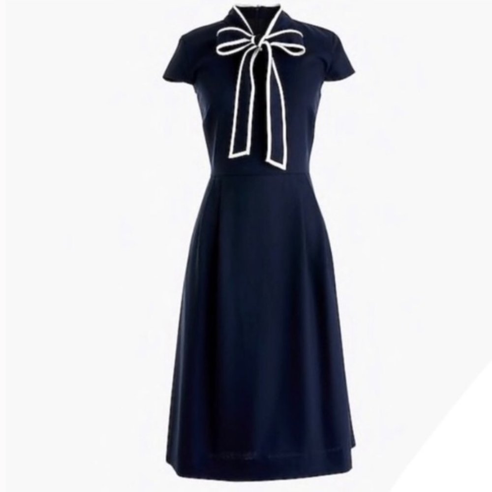 J. Crew Tie Neck Dress Navy White Crepe